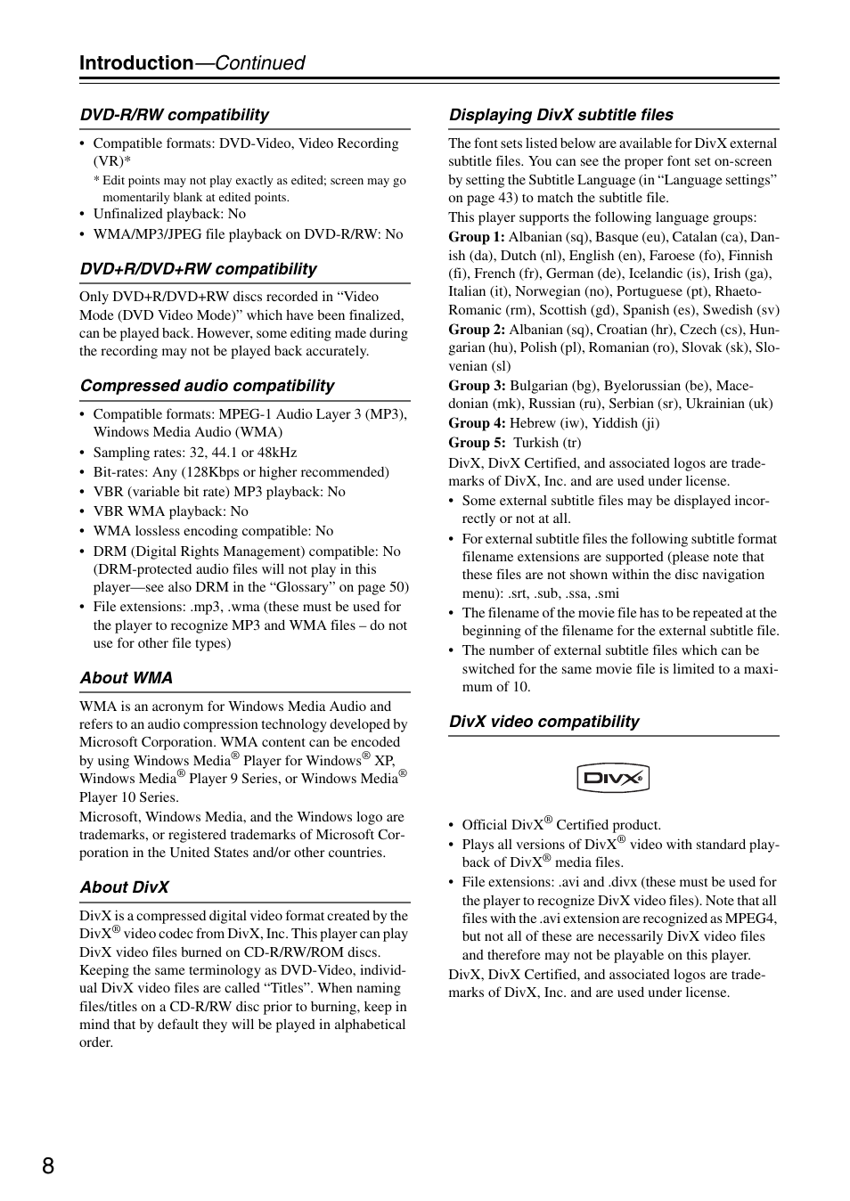 Introduction —continued | Onkyo DV-SP305 User Manual | Page 8 / 56