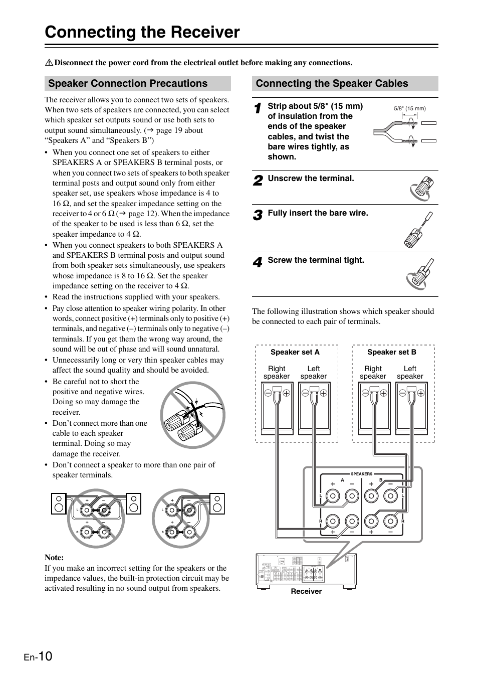 Connecting the receiver, Speaker connection precautions, Connecting the speaker cables | Connections, Inals (10) | Onkyo Network TX-8050 User Manual | Page 10 / 56