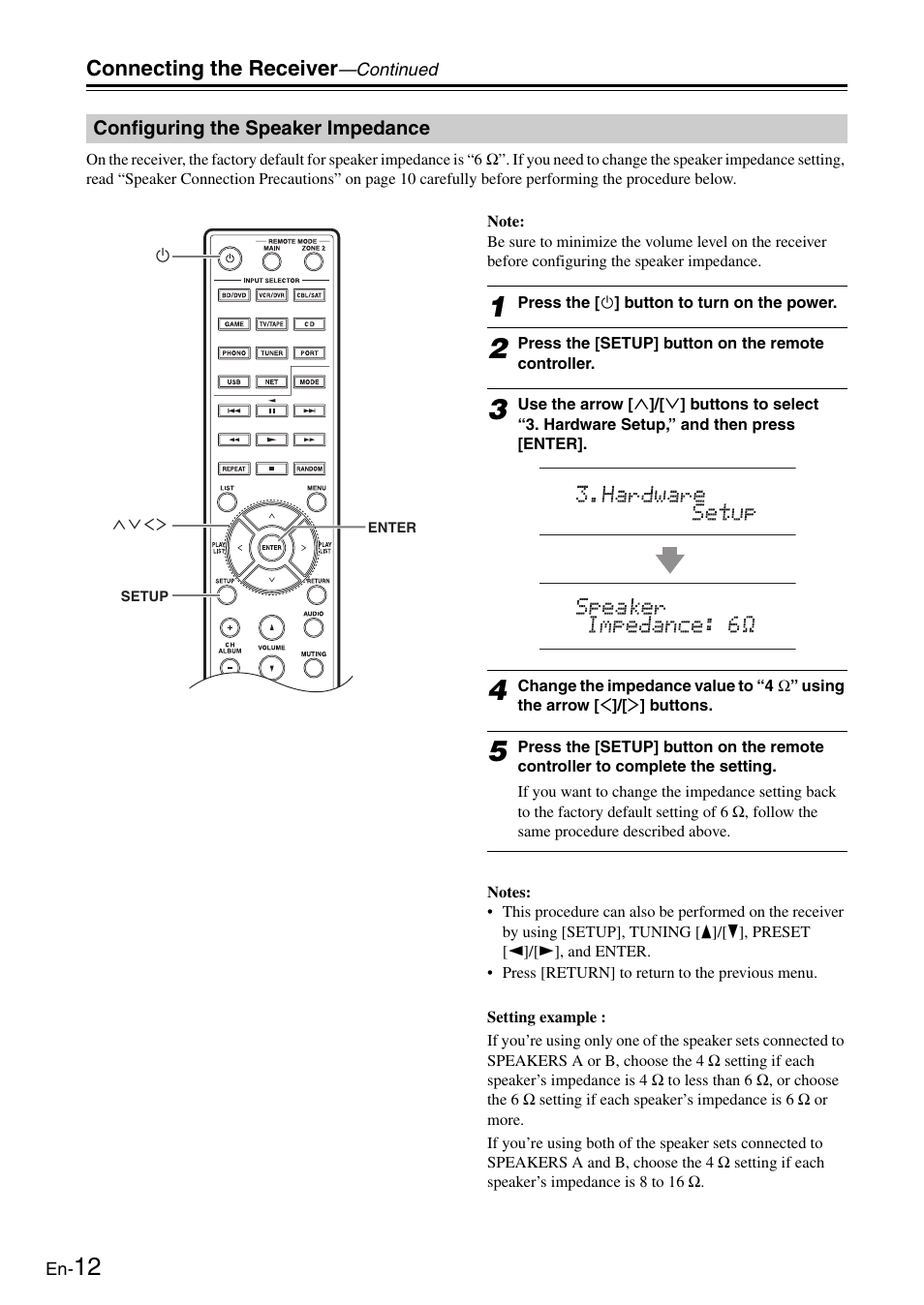 Configuring the speaker impedance, Tton (12, 18, Connecting the receiver | Onkyo Network TX-8050 User Manual | Page 12 / 56