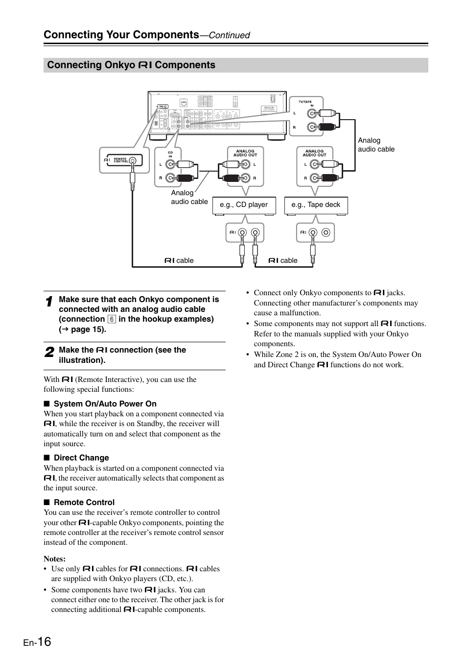 Connecting onkyo r components, Connecting onkyo  components, Connecting your components | Onkyo Network TX-8050 User Manual | Page 16 / 56