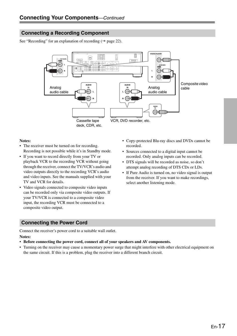 Connecting a recording component, Connecting the power cord, Connecting your components | Onkyo Network TX-8050 User Manual | Page 17 / 56