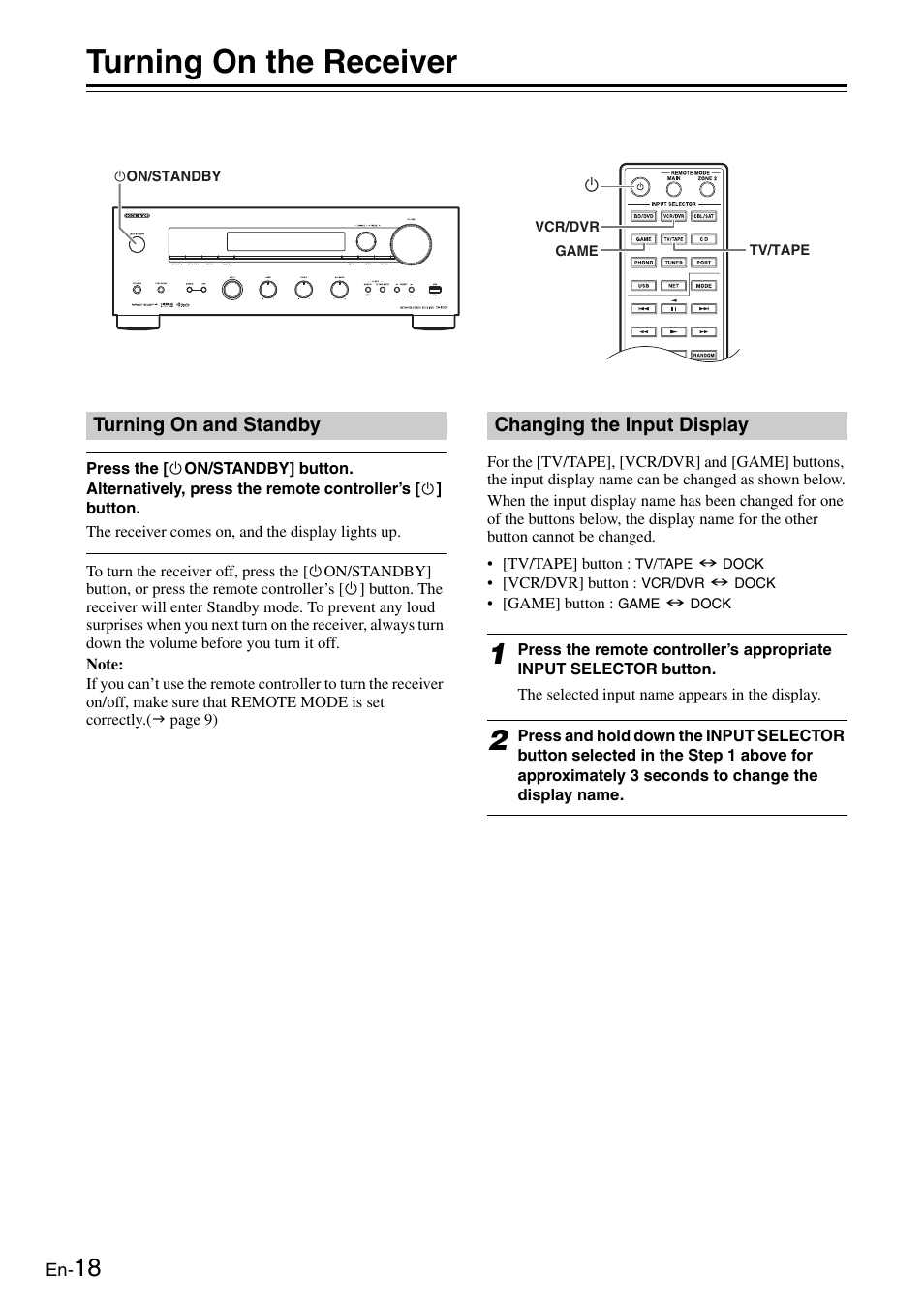 Turning on the receiver, Turning on and standby, Changing the input display | Enjoying audio sources, Turning on and standby changing the input display, Tton (18, 45 | Onkyo Network TX-8050 User Manual | Page 18 / 56