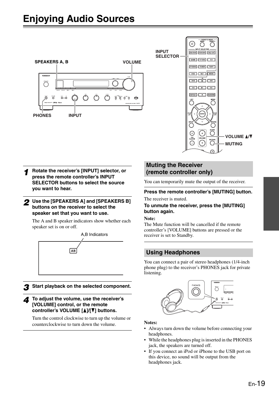 Enjoying audio sources, Muting the receiver (remote controller only), Using headphones | Muting the receiver, Remote controller only), L (19), Tor (19), Ttons (19, 46), Tton (19 | Onkyo Network TX-8050 User Manual | Page 19 / 56