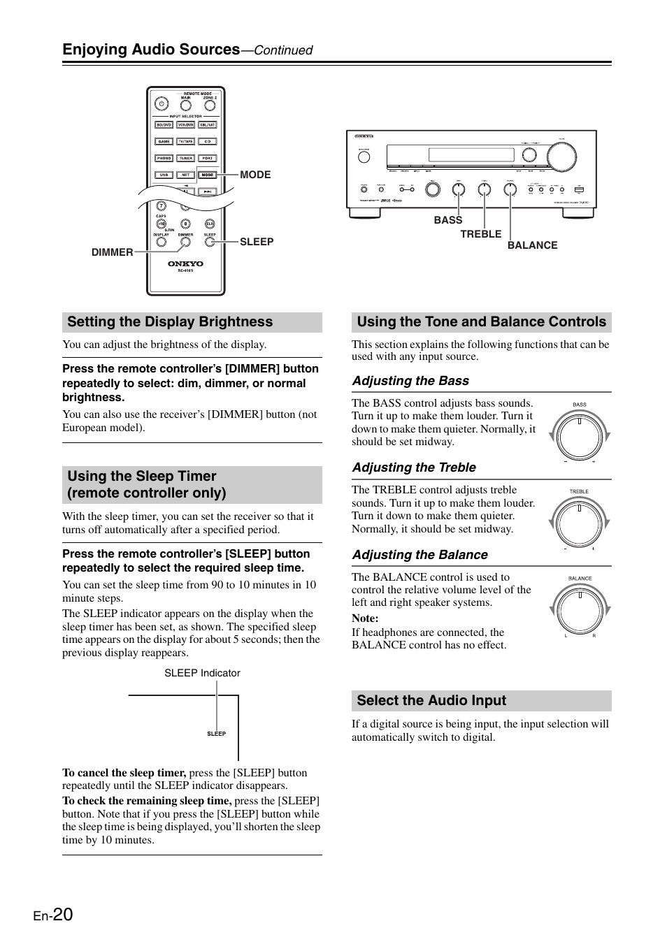 Setting the display brightness, Using the sleep timer (remote controller only), Using the tone and balance controls | Select the audio input, Remote controller only), Enjoying audio sources | Onkyo Network TX-8050 User Manual | Page 20 / 56