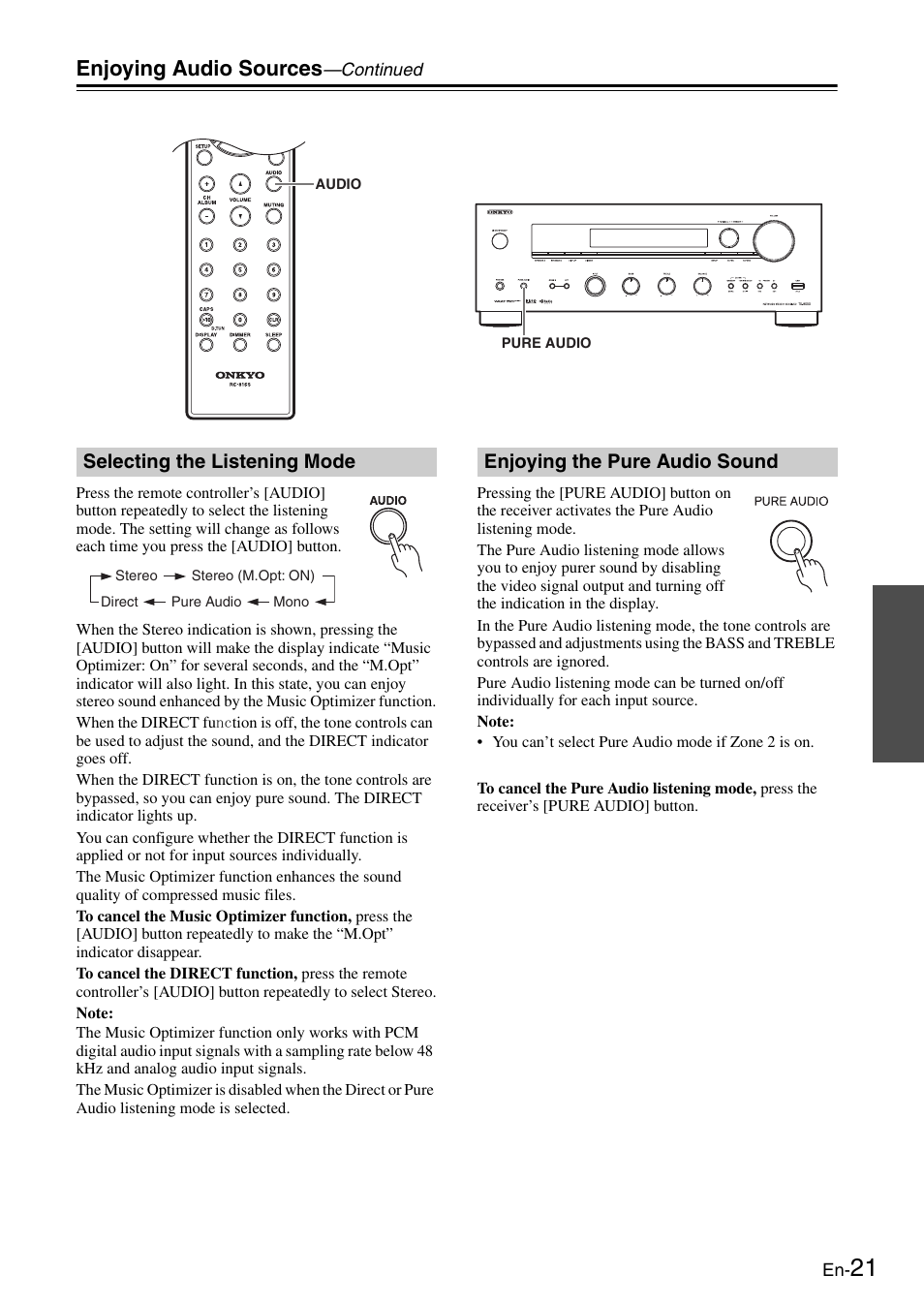 Selecting the listening mode, Enjoying the pure audio sound, Tor (21) | M.opt indicator (21), Enjoying audio sources | Onkyo Network TX-8050 User Manual | Page 21 / 56