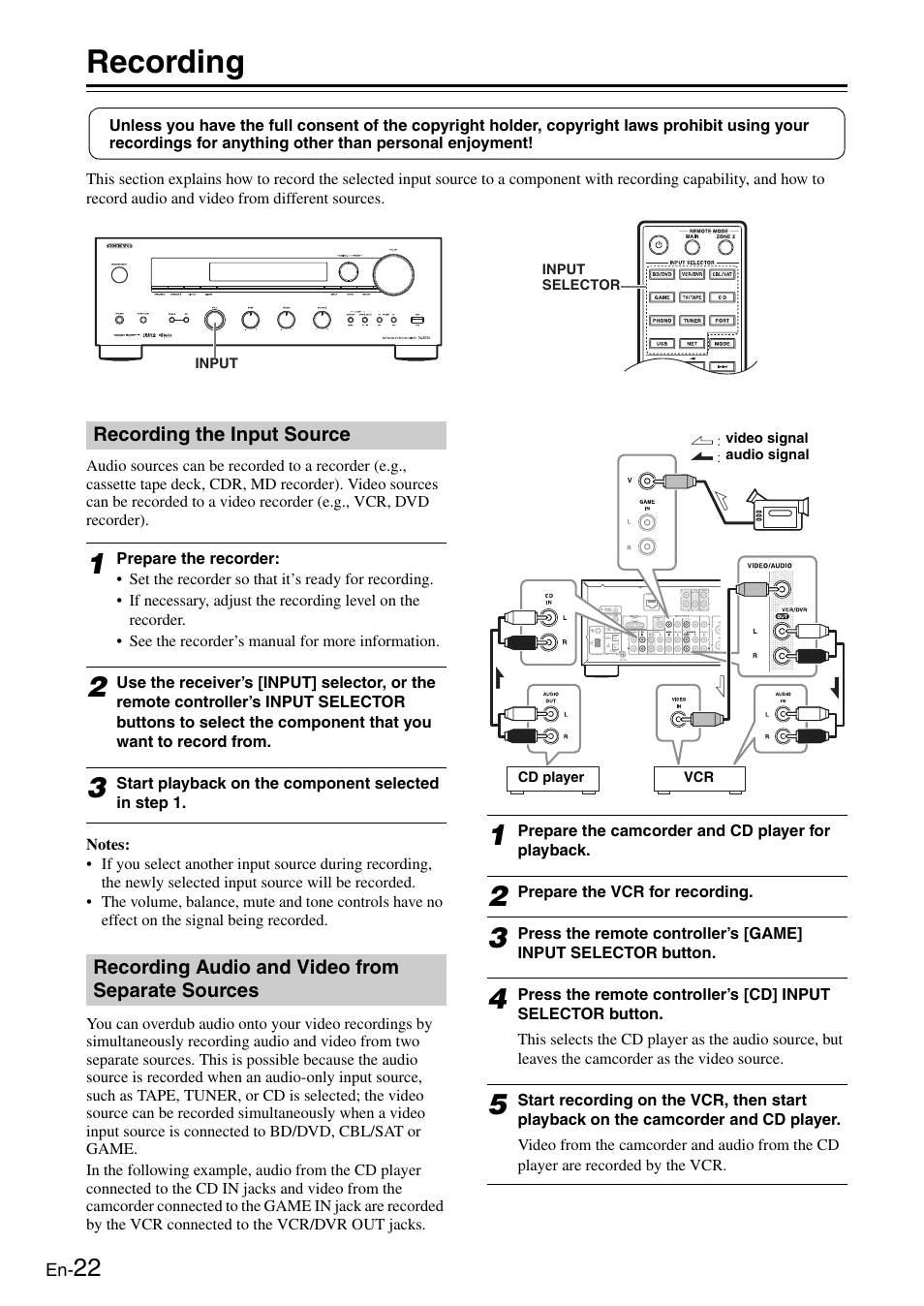 Recording, Recording the input source, Recording audio and video from separate sources | Separate sources | Onkyo Network TX-8050 User Manual | Page 22 / 56