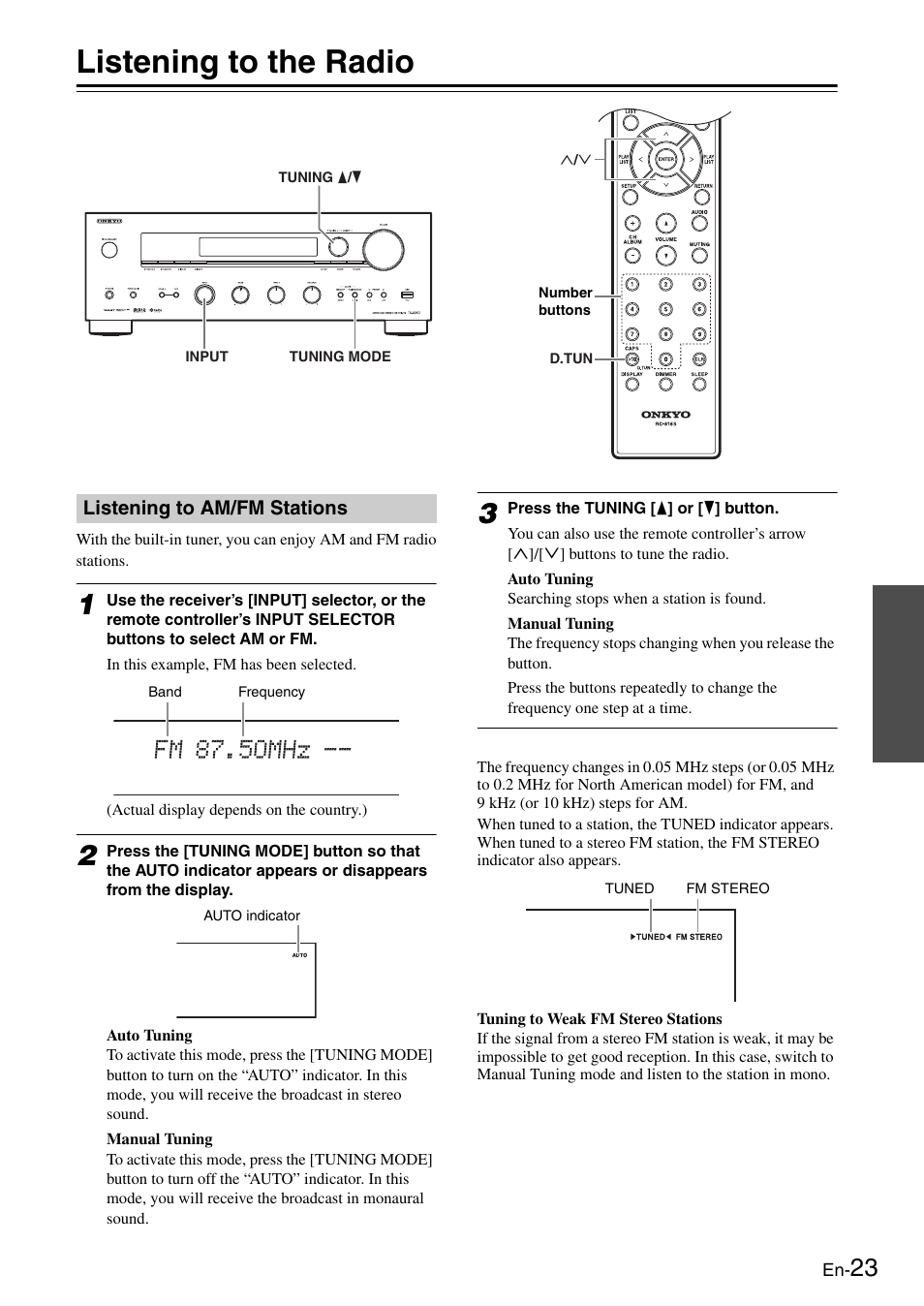 Listening to the radio, Listening to am/fm stations, Ttons (23, 24 | Tton (23, 25, Indicator (23, Ons (23, 24 | Onkyo Network TX-8050 User Manual | Page 23 / 56
