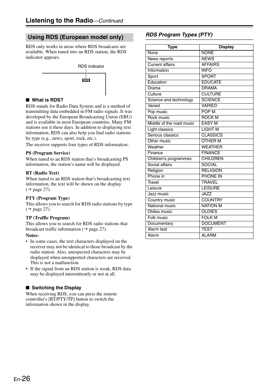 Using rds (european model only), Listening to the radio | Onkyo Network TX-8050 User Manual | Page 26 / 56