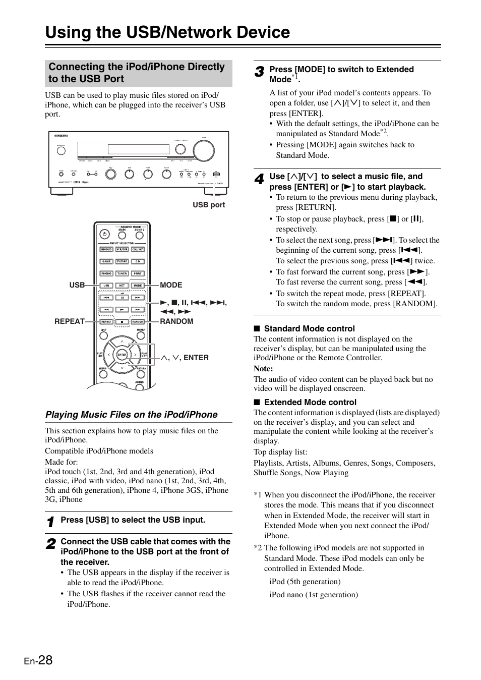 Using the usb/network device, Connecting the ipod/iphone directly to, The usb port | Onkyo Network TX-8050 User Manual | Page 28 / 56