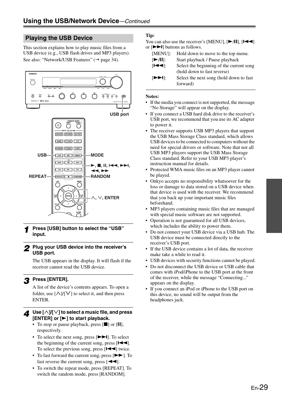 Playing the usb device, Using the usb/network device | Onkyo Network TX-8050 User Manual | Page 29 / 56