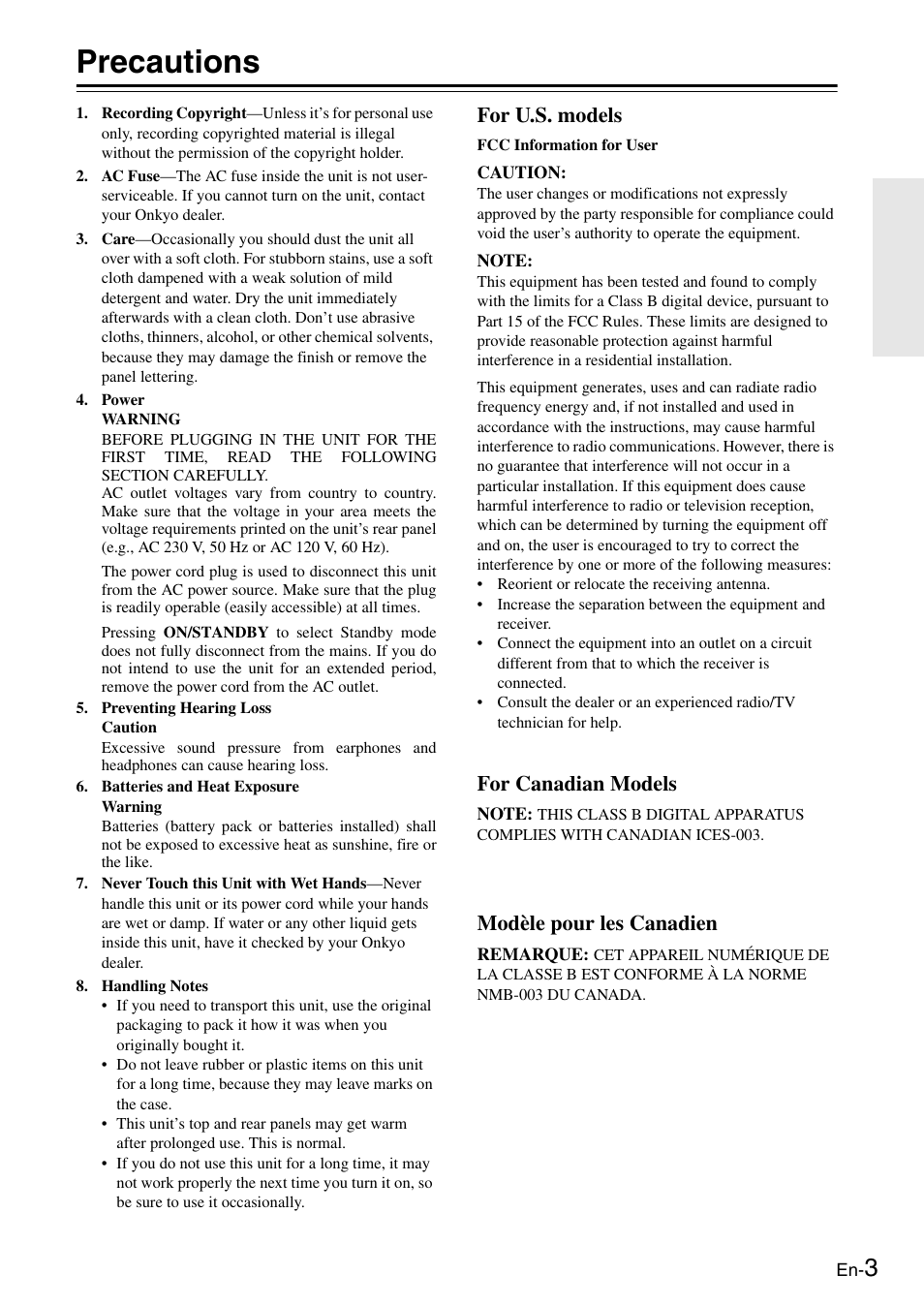 Precautions, For u.s. models, For canadian models | Modèle pour les canadien | Onkyo Network TX-8050 User Manual | Page 3 / 56