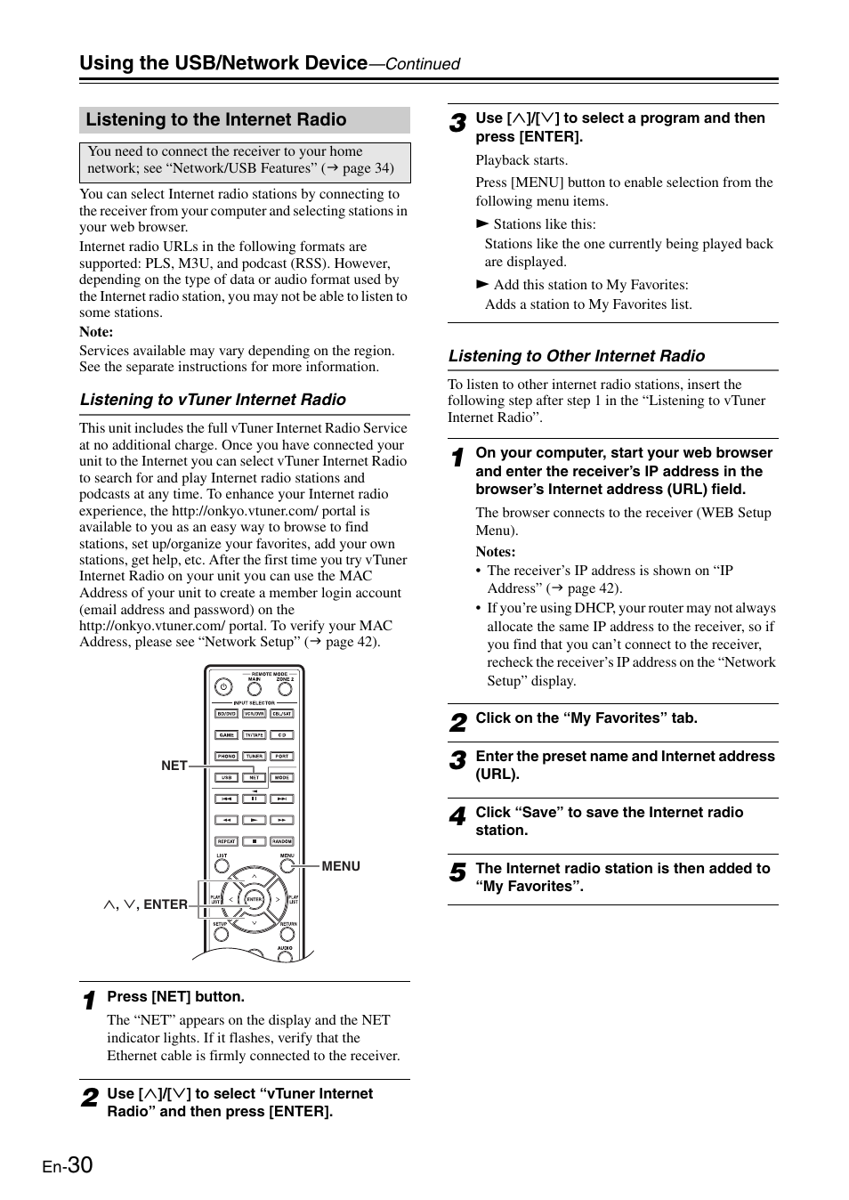 Listening to the internet radio, Tor (30 | Onkyo Network TX-8050 User Manual | Page 30 / 56