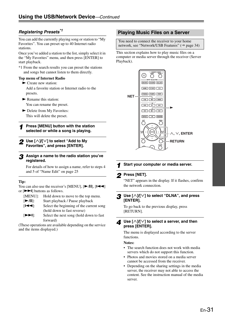 Playing music files on a server, Using the usb/network device | Onkyo Network TX-8050 User Manual | Page 31 / 56