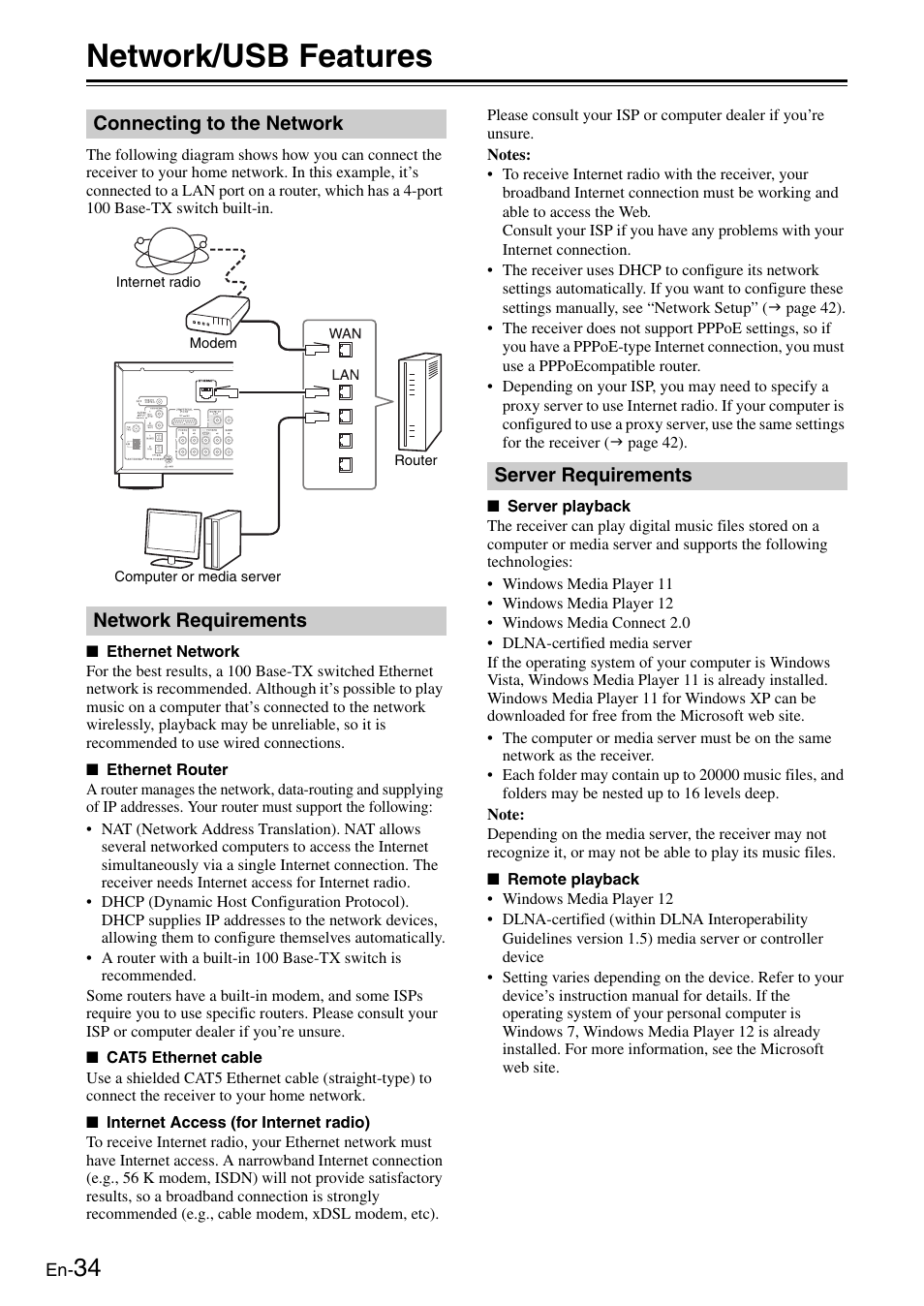 Network/usb features, Connecting to the network, Network requirements | Server requirements | Onkyo Network TX-8050 User Manual | Page 34 / 56