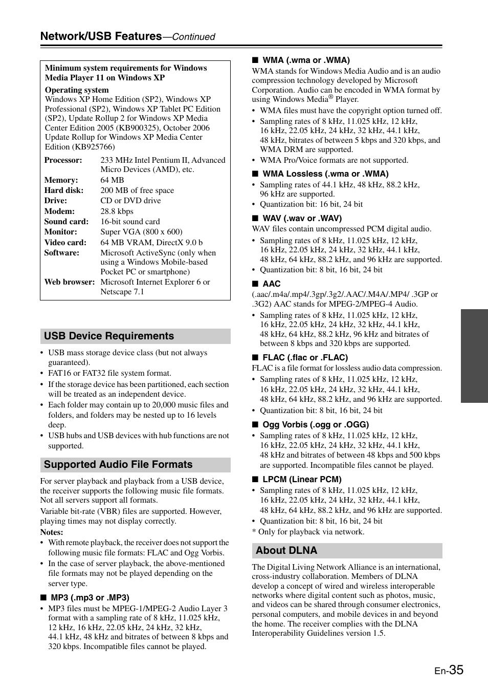 Usb device requirements, Supported audio file formats, About dlna | Network/usb features | Onkyo Network TX-8050 User Manual | Page 35 / 56