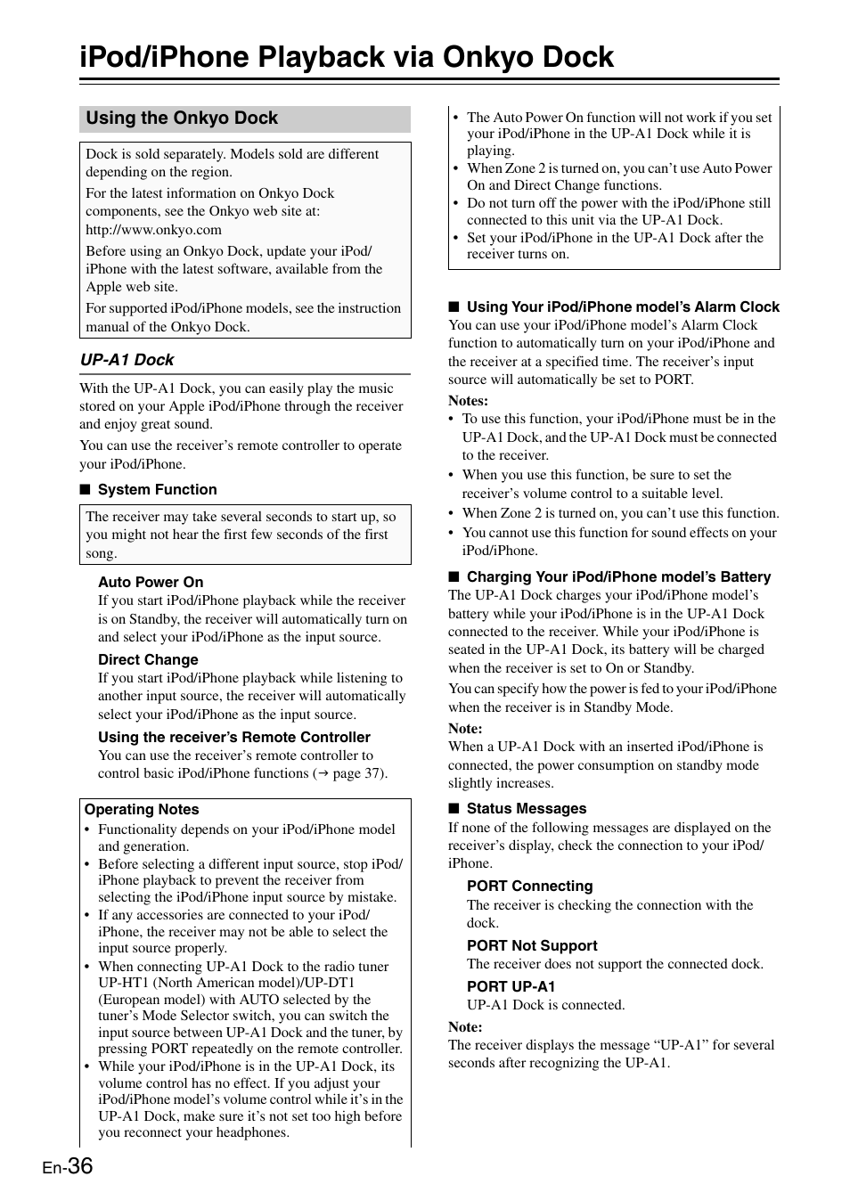 Ipod/iphone playback via onkyo dock, Using the onkyo dock | Onkyo Network TX-8050 User Manual | Page 36 / 56