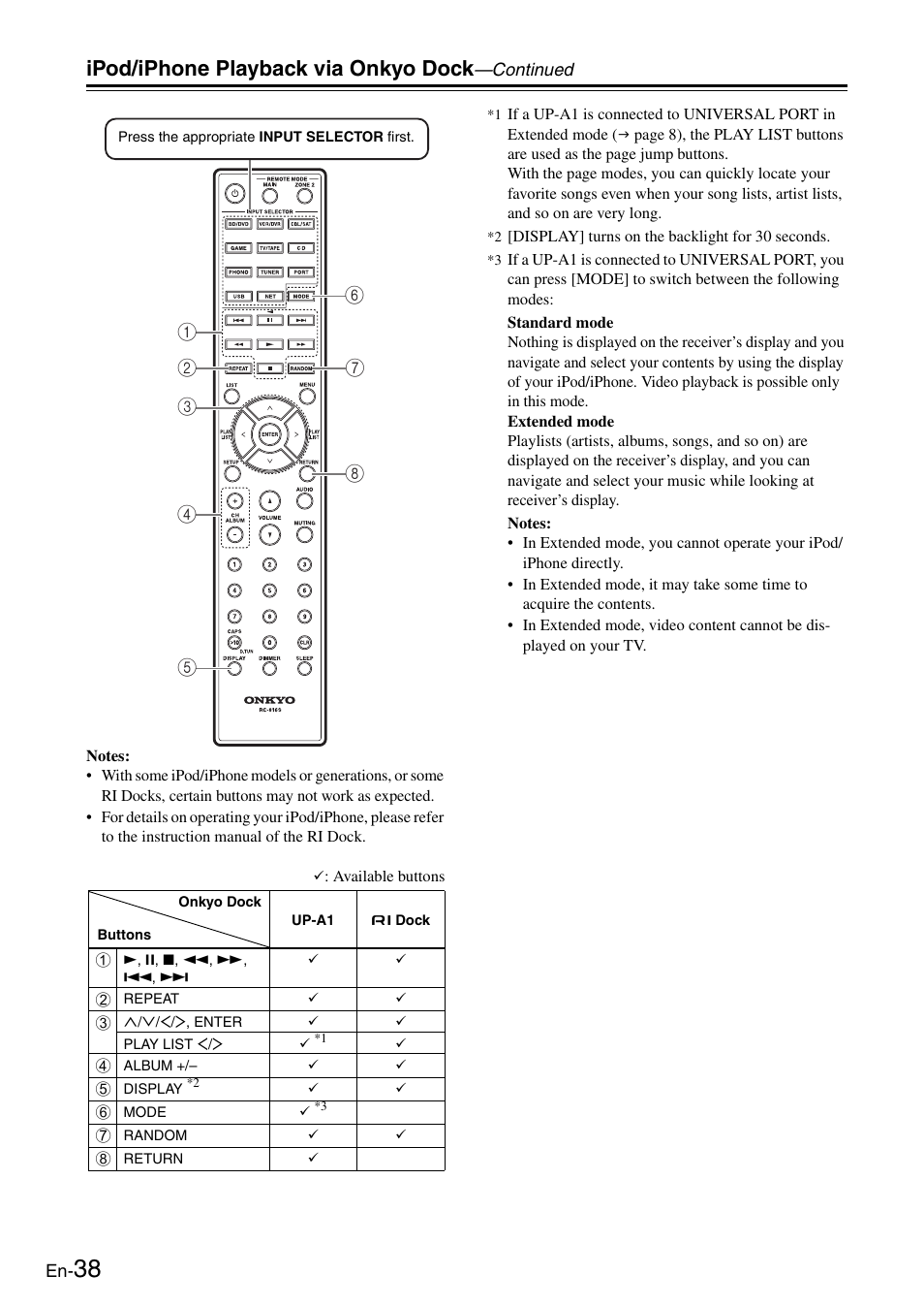 Ttons (38, 39), Tton (38, Ipod/iphone playback via onkyo dock | Onkyo Network TX-8050 User Manual | Page 38 / 56