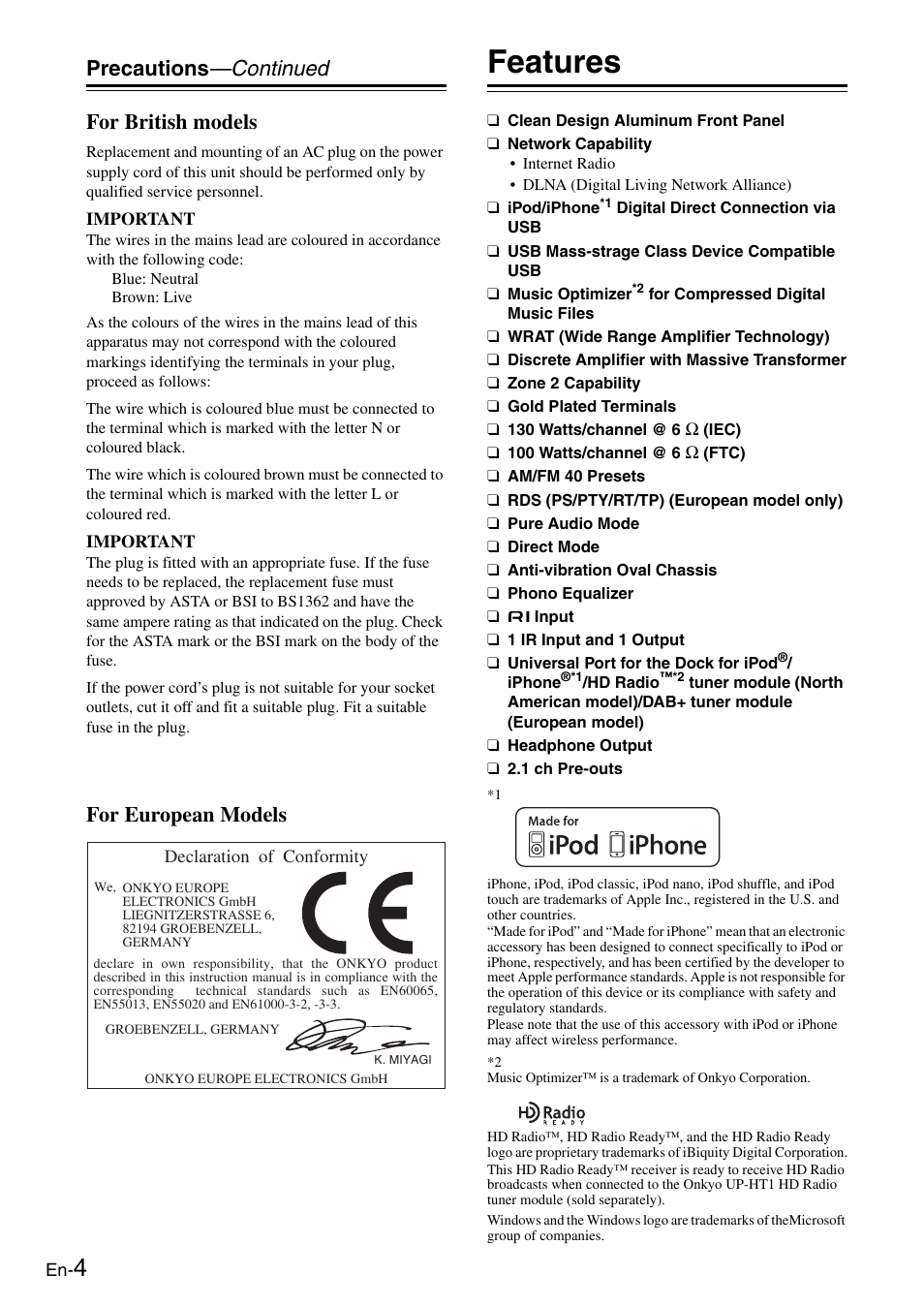 Features, Precautions —continued for british models, For european models | Onkyo Network TX-8050 User Manual | Page 4 / 56
