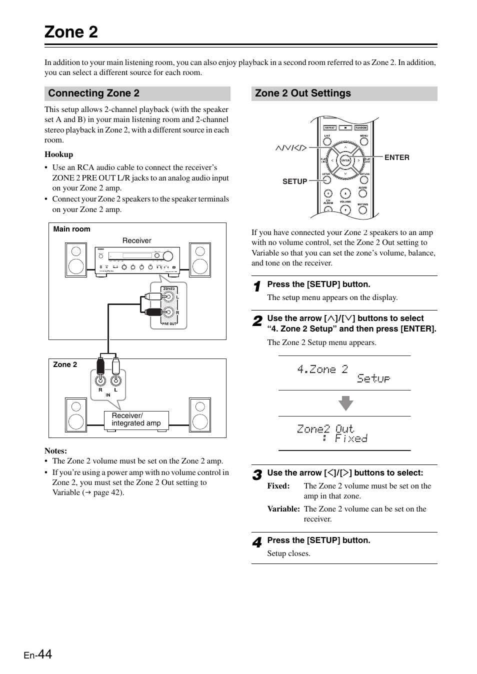 Zone 2, Connecting zone 2, Zone 2 out settings | Connecting zone 2 zone 2 out settings, Ks (44) | Onkyo Network TX-8050 User Manual | Page 44 / 56