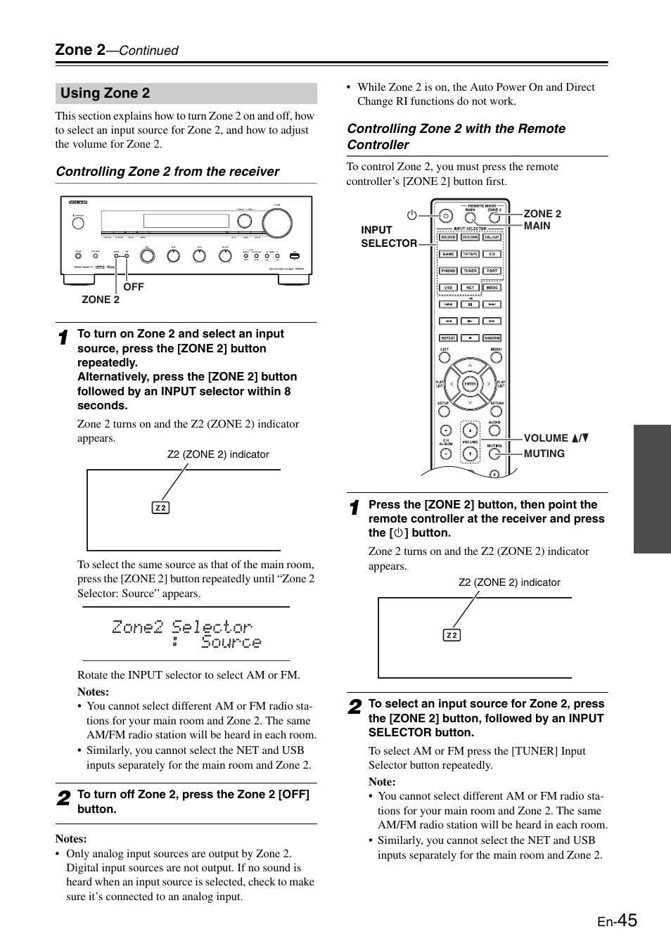 Using zone 2, Tor (45), Zone 2 | Onkyo Network TX-8050 User Manual | Page 45 / 56
