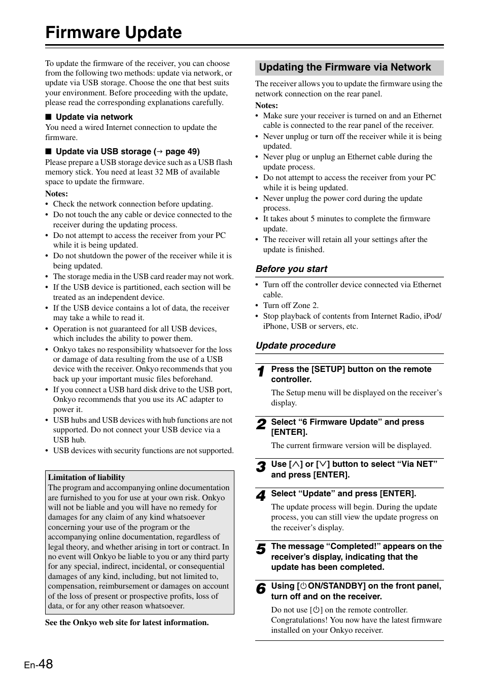 Firmware update, Updating the firmware via network | Onkyo Network TX-8050 User Manual | Page 48 / 56