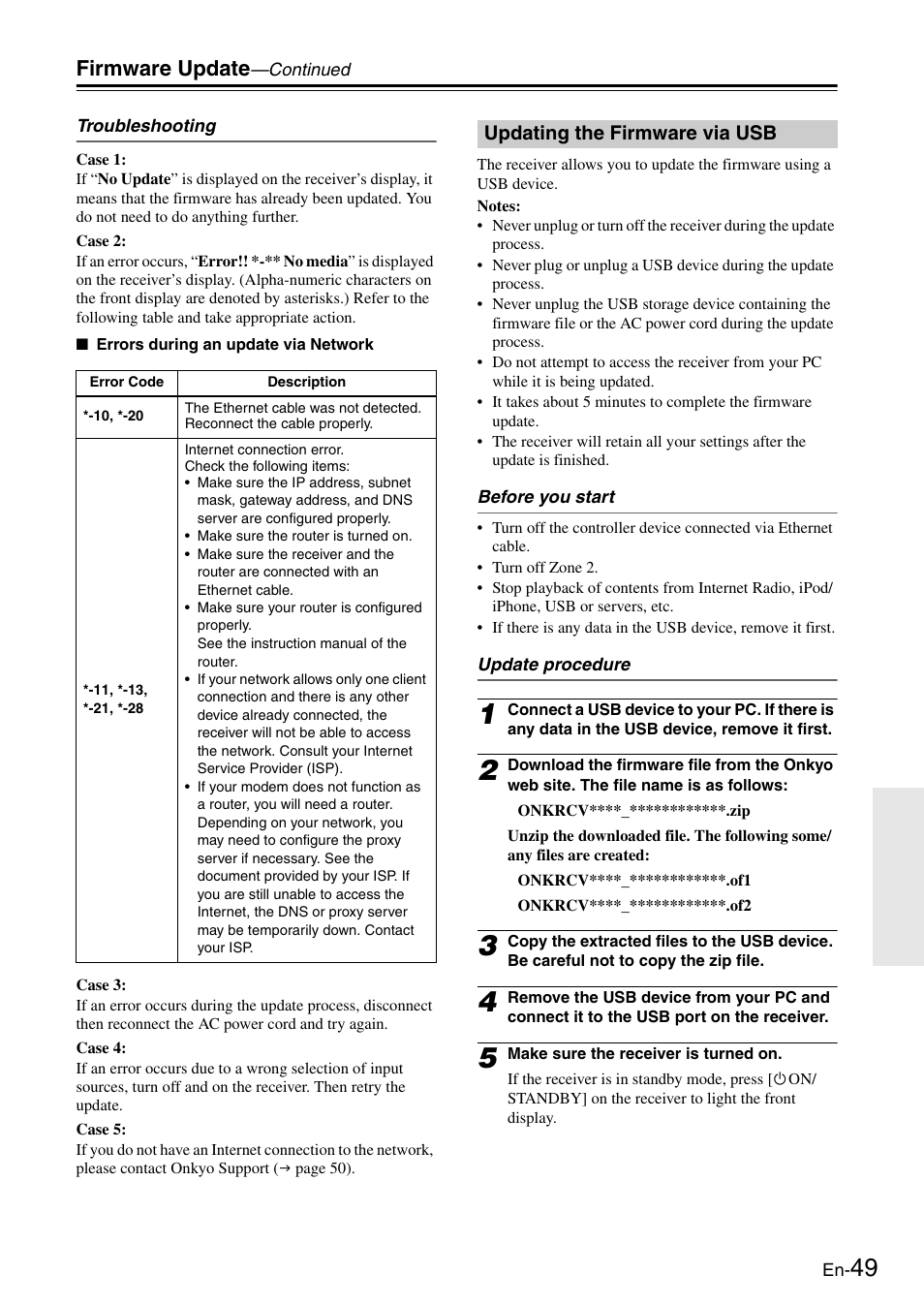 Updating the firmware via usb, Firmware update | Onkyo Network TX-8050 User Manual | Page 49 / 56