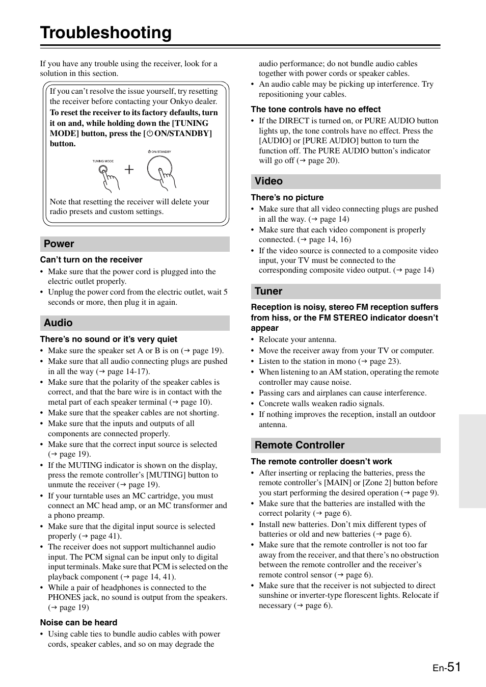 Troubleshooting, Power, Audio | Video, Tuner, Remote controller, Power audio video tuner remote controller, Cator (51), Power audio, Video tuner remote controller | Onkyo Network TX-8050 User Manual | Page 51 / 56
