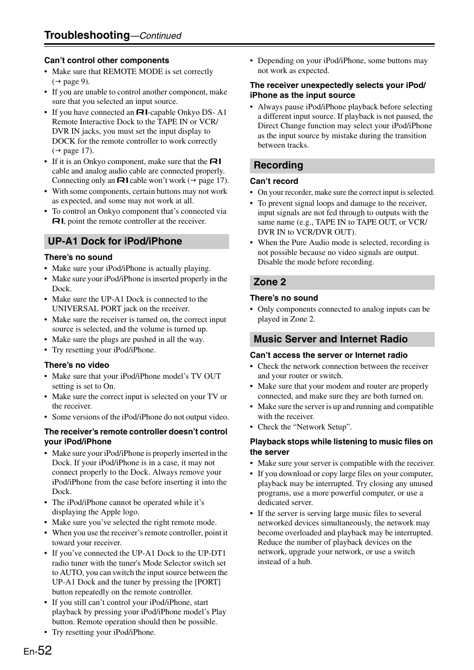 Up-a1 dock for ipod/iphone, Recording, Zone 2 | Music server and internet radio, Troubleshooting | Onkyo Network TX-8050 User Manual | Page 52 / 56