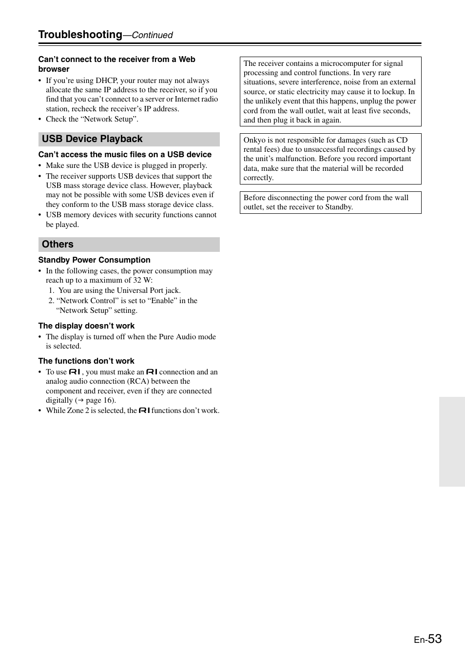 Usb device playback, Others, Usb device playback others | Troubleshooting | Onkyo Network TX-8050 User Manual | Page 53 / 56