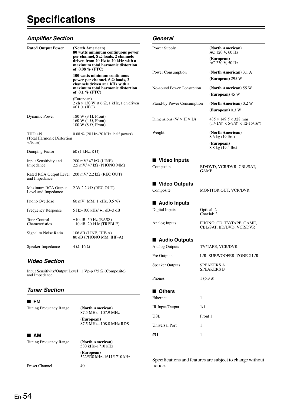 Specifications, General | Onkyo Network TX-8050 User Manual | Page 54 / 56