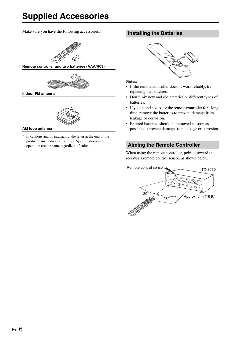 Installing the batteries, Aiming the remote controller, Supplied accessories | Onkyo Network TX-8050 User Manual | Page 6 / 56
