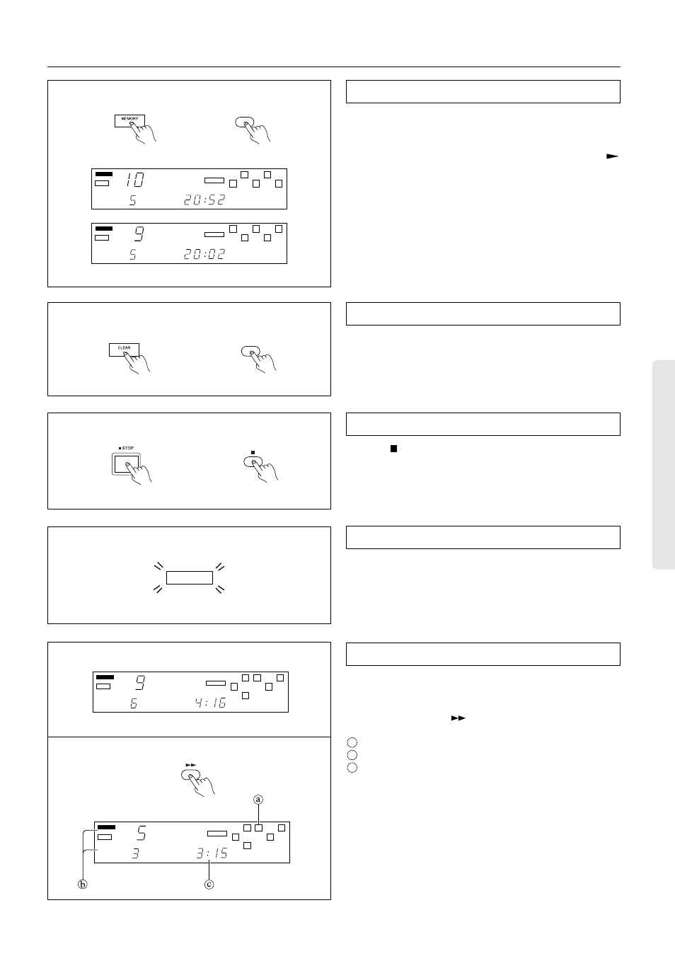 Using the memory function, When the cd player stops during memory play, th, When you press the button, the display will sho | Space, A b c | Onkyo DX-7222 User Manual | Page 11 / 16