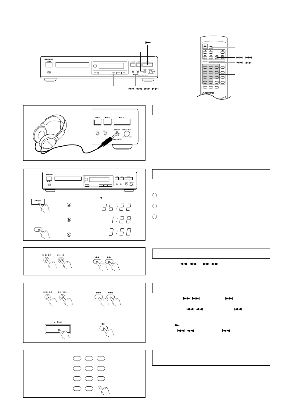 Playing cds, Each time the / button (or the button on the re, Press the button to begin play | Select the track number you wish to play, using, The cd player starts playing automatically | Onkyo DX-7222 User Manual | Page 8 / 16