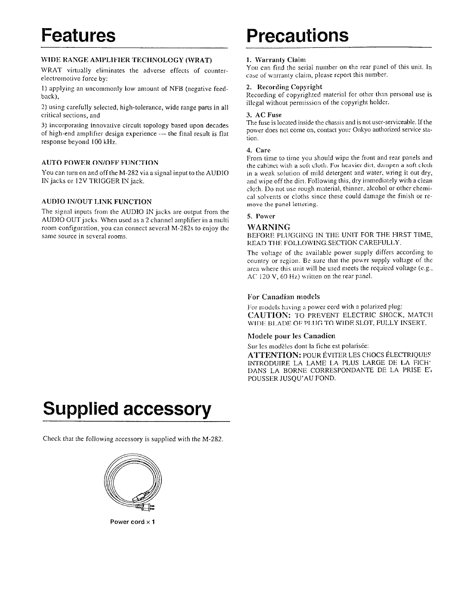 Warning, Features precautions, Supplied accessory | Onkyo M-282 User Manual | Page 2 / 7