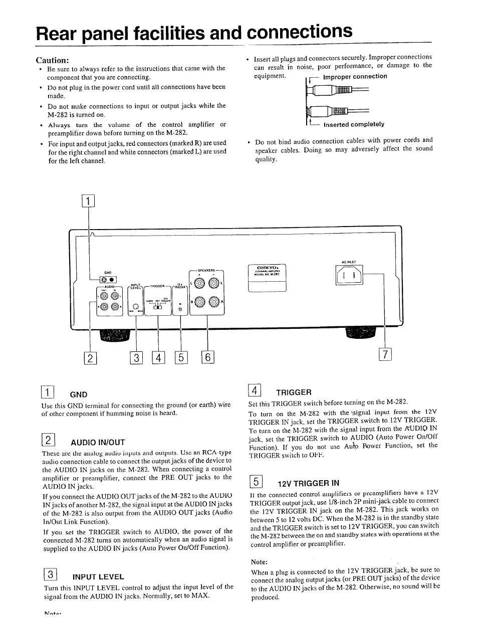 Caution, Audio in/out, Input level | Trigger, 12v trigger in, Rear panel facilities and connections | Onkyo M-282 User Manual | Page 3 / 7