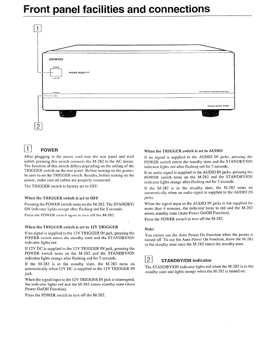 Standby/on indicator, Front panel facilities and connections m | Onkyo M-282 User Manual | Page 5 / 7