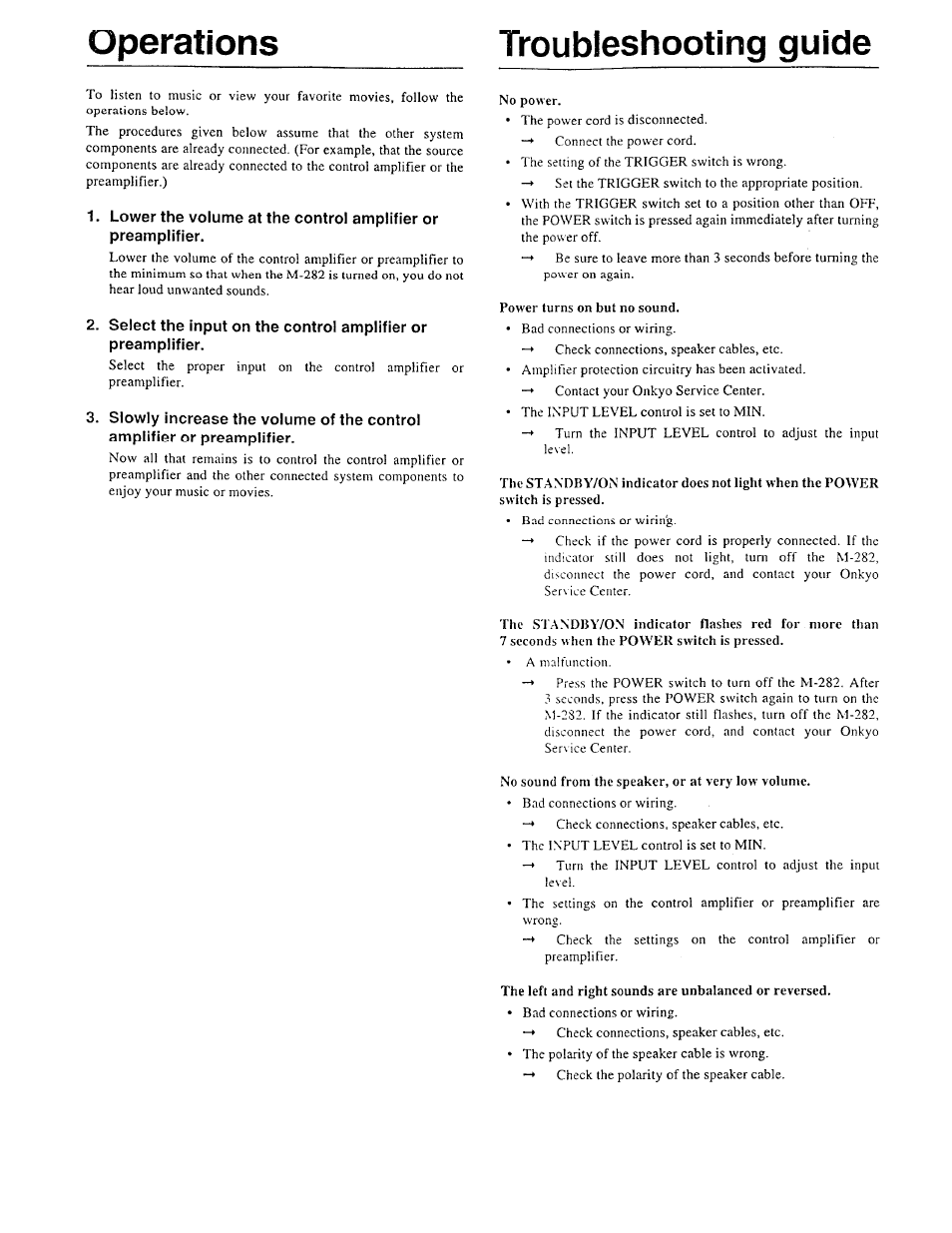 Operations, Troubleshooting guide | Onkyo M-282 User Manual | Page 6 / 7