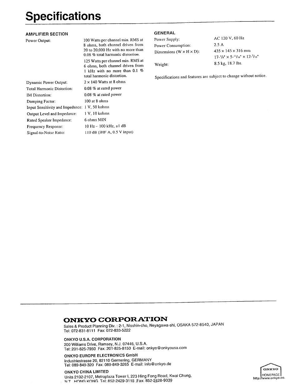 Specifications | Onkyo M-282 User Manual | Page 7 / 7