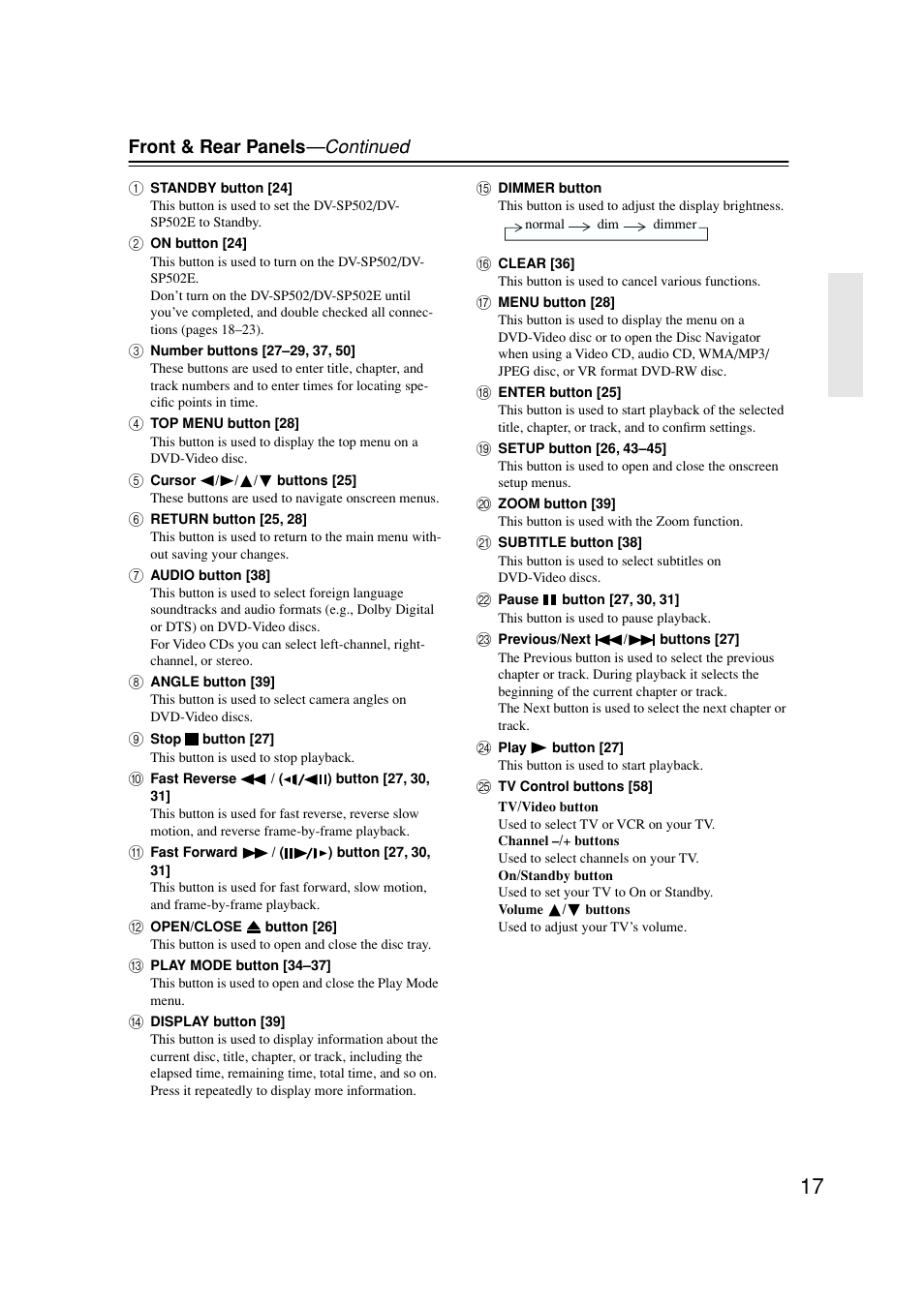 Front & rear panels —continued | Onkyo DV-SP502E User Manual | Page 17 / 73