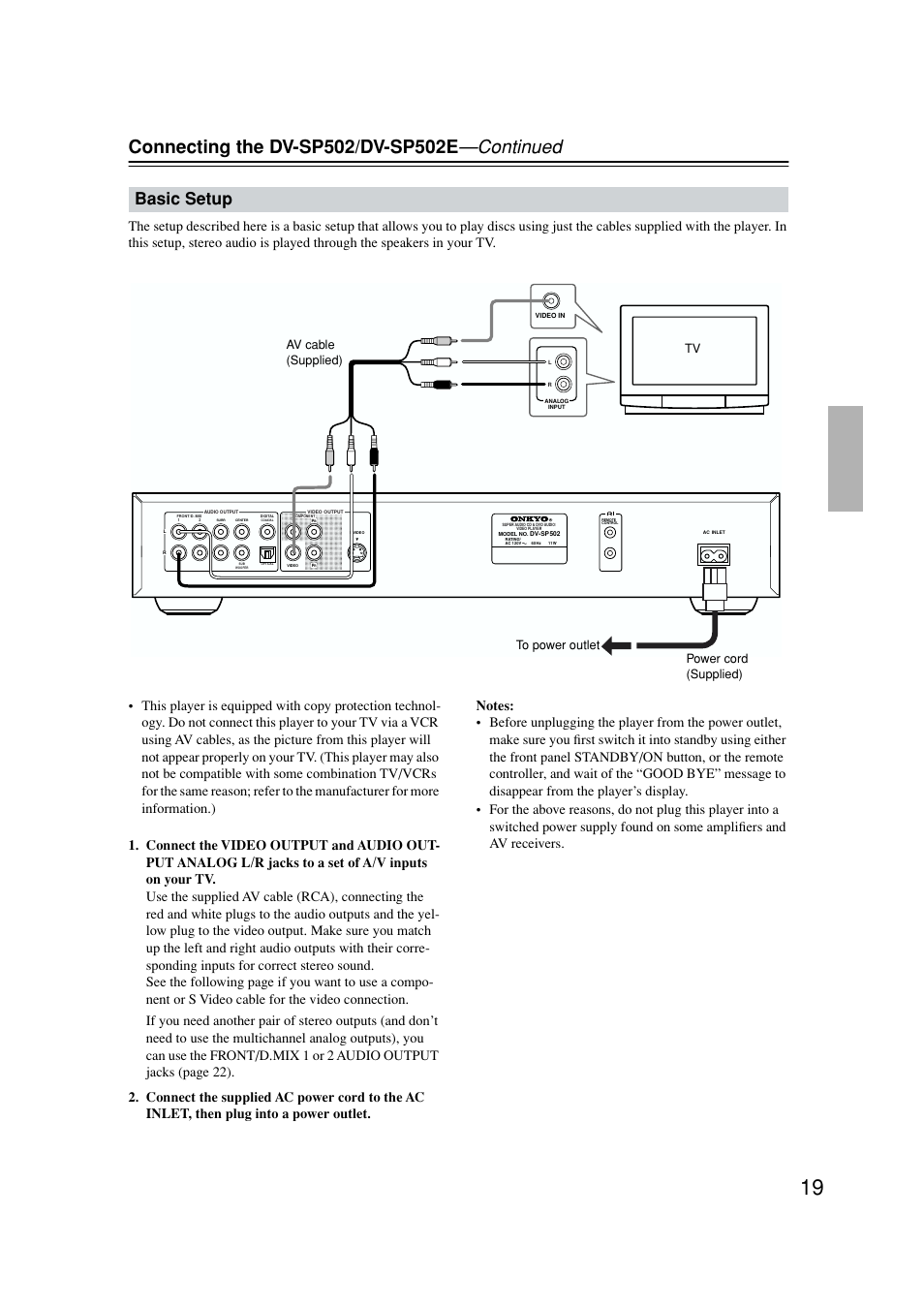 Basic tv connection, Basic setup | Onkyo DV-SP502E User Manual | Page 19 / 73