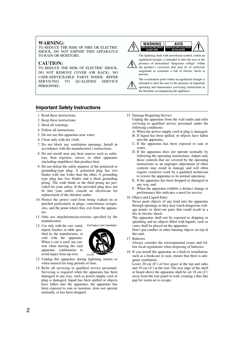 Important safety instructions, Warning, Caution | Onkyo DV-SP502E User Manual | Page 2 / 73