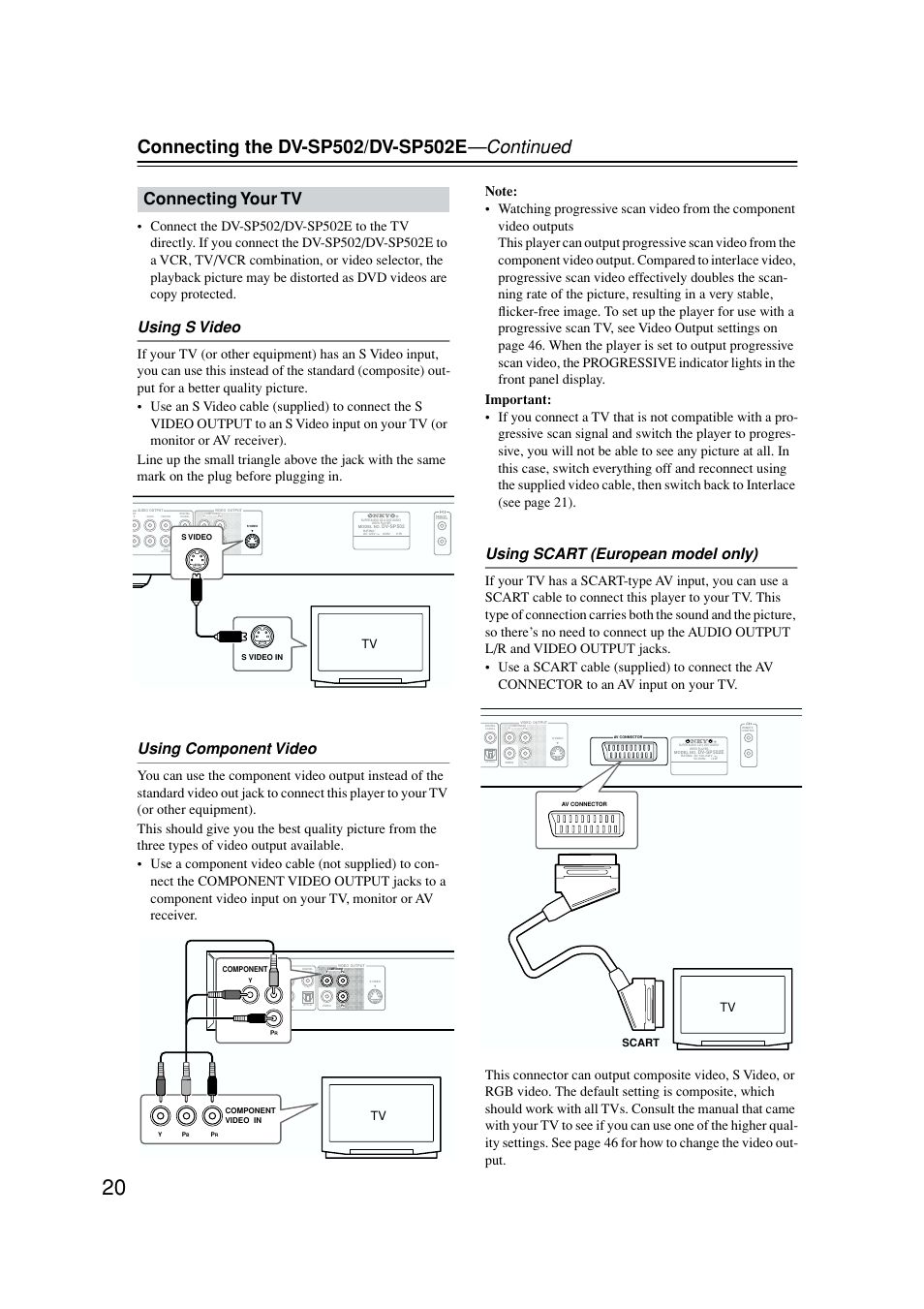 S-video, Component video, Connecting your tv | Using s video, Using component video, Using scart (european model only), Scart | Onkyo DV-SP502E User Manual | Page 20 / 73