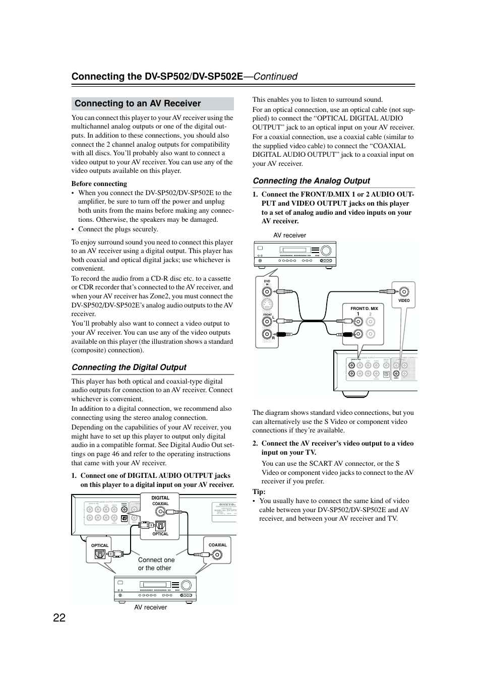 Av receiver connection, Digital audio output, Connecting to an av receiver | Connecting the digital output, Connecting the analog output, Av receiver connect one or the other, Av receiver | Onkyo DV-SP502E User Manual | Page 22 / 73