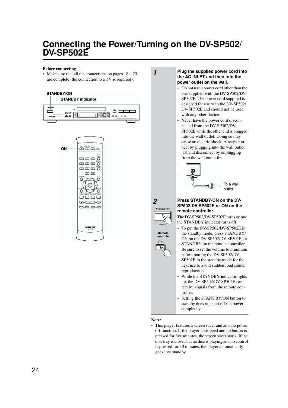 Power connection, Power on, Progressive scan progressive | Onkyo DV-SP502E User Manual | Page 24 / 73