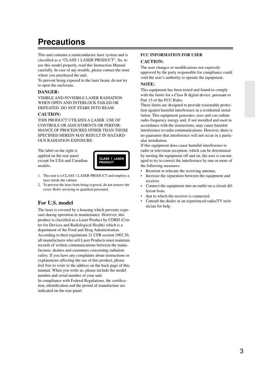 Precautions, For u.s. model | Onkyo DV-SP502E User Manual | Page 3 / 73