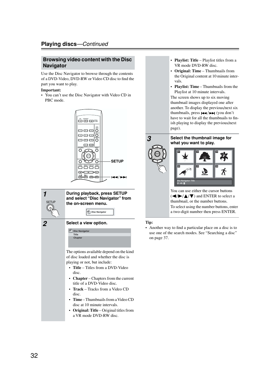 Br\owsing video content with the disc navigator, Playing discs —continued, Browsing video content with the disc navigator | Onkyo DV-SP502E User Manual | Page 32 / 73