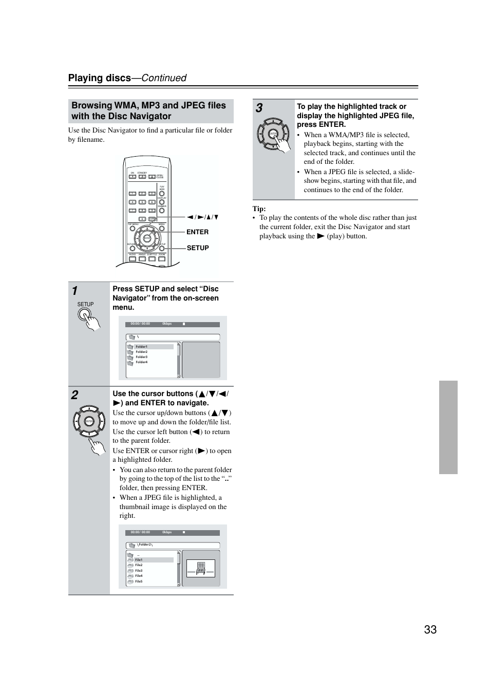 Playing discs —continued | Onkyo DV-SP502E User Manual | Page 33 / 73