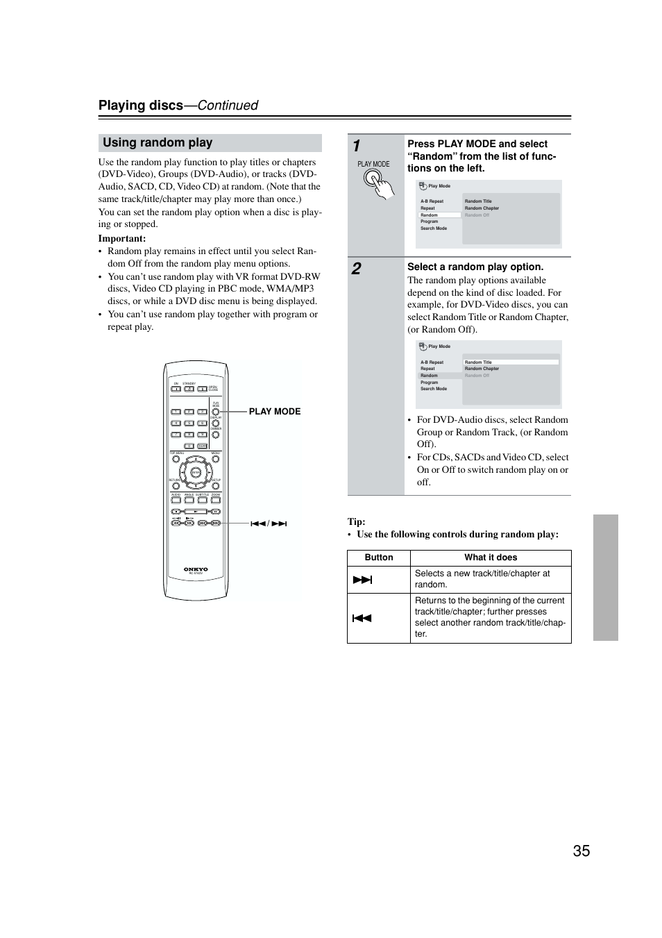 Random play, Playing discs —continued, Using random play | Play mode | Onkyo DV-SP502E User Manual | Page 35 / 73