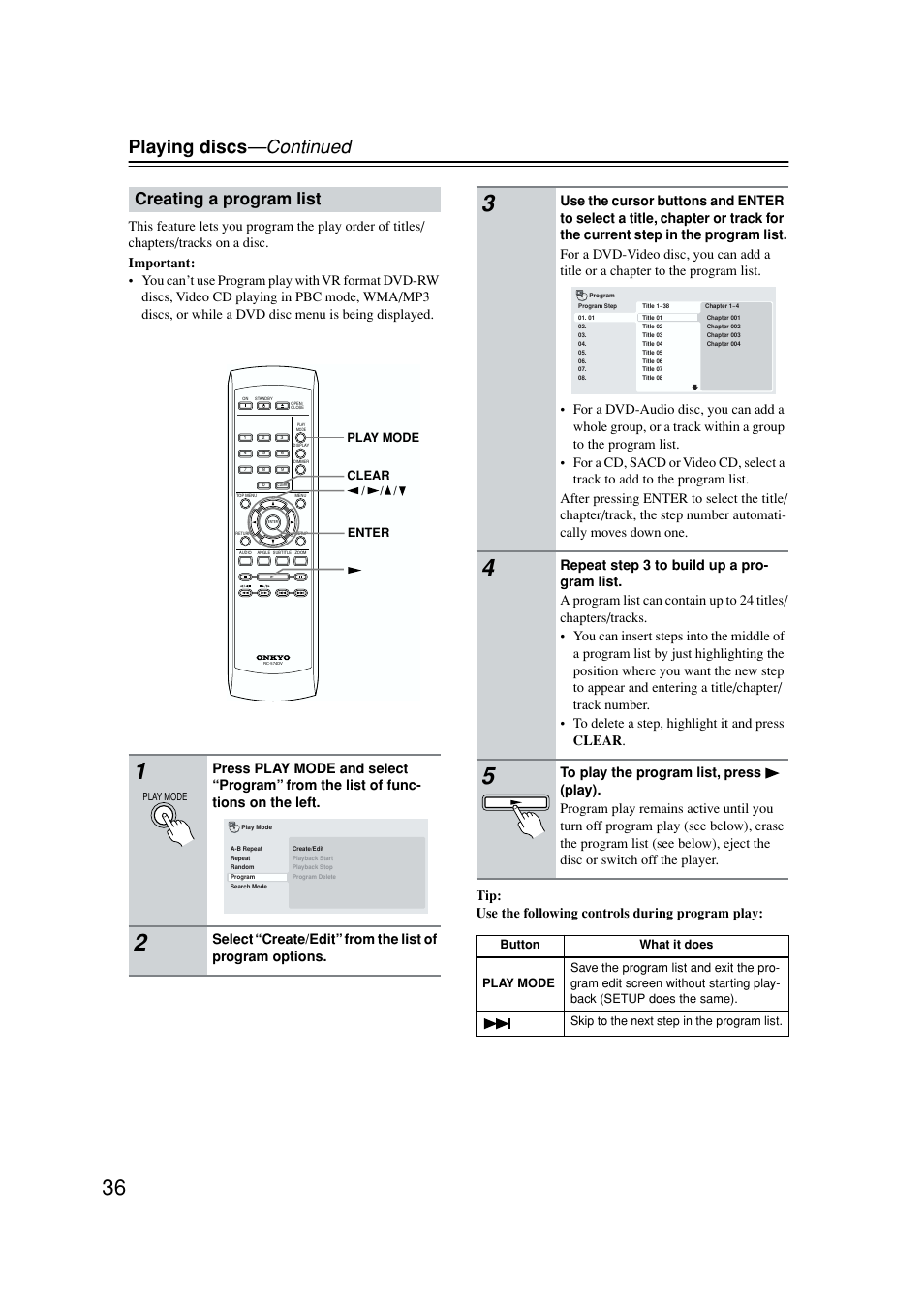 Creating a program list, Playing discs —continued | Onkyo DV-SP502E User Manual | Page 36 / 73