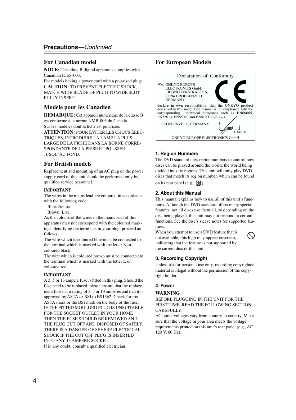 Precautions —continued for canadian model, Modèle pour les canadien, For british models | For european models | Onkyo DV-SP502E User Manual | Page 4 / 73